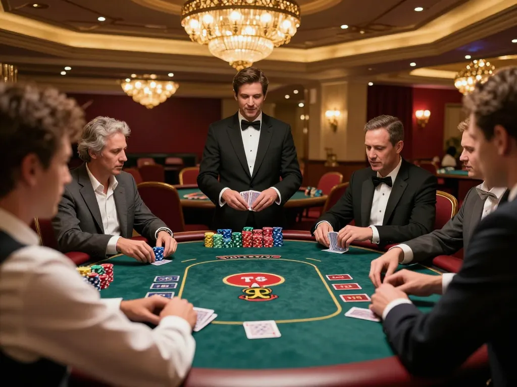 FLY88 poker players strategizing at a high-stakes table under glamorous casino lighting.