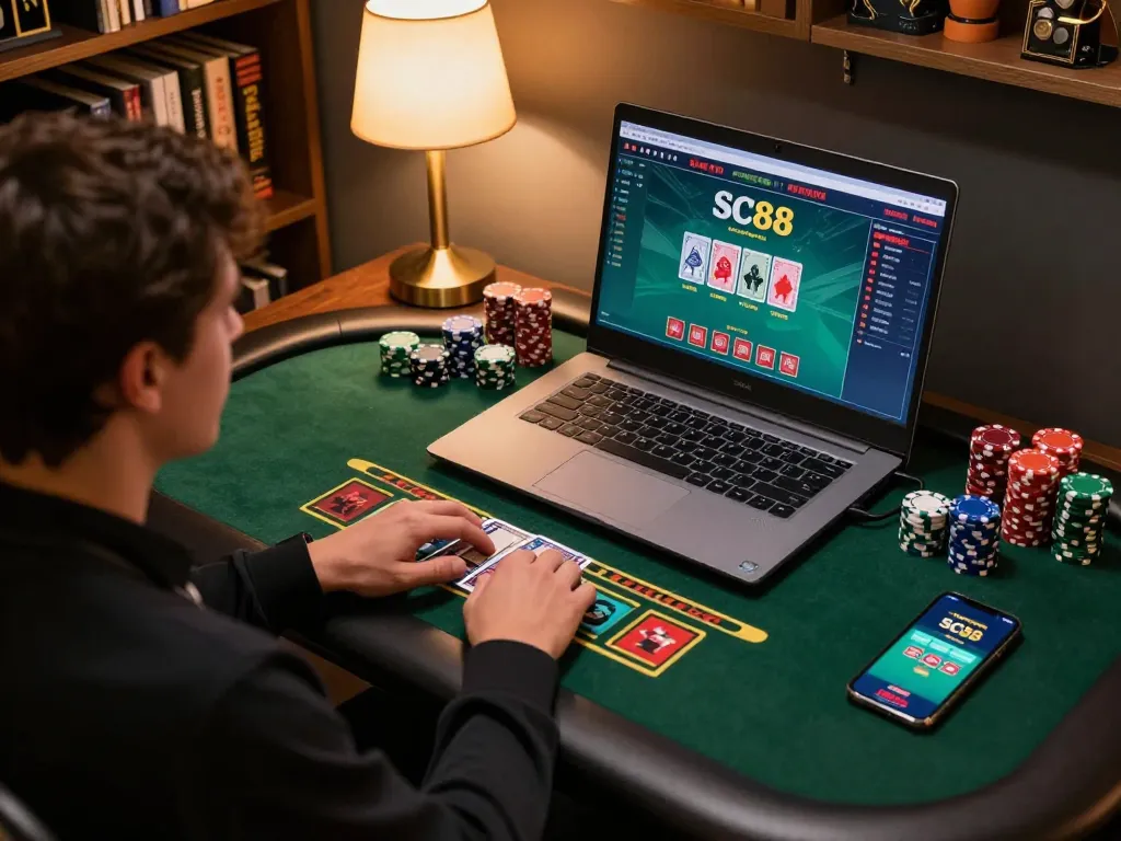 Player enjoying SC88 online blackjack game on laptop at home with vibrant chips and warm lighting