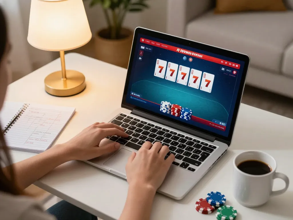 Engaged player enjoying poker on laptop, showcasing 789win club strategy and gaming in a cozy home setting.
