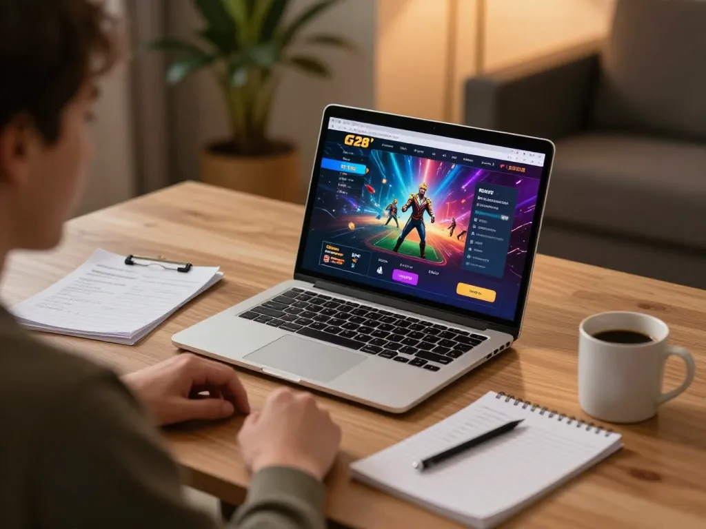 Engaging online gaming experience with G28 interface displayed on laptop, cozy atmosphere