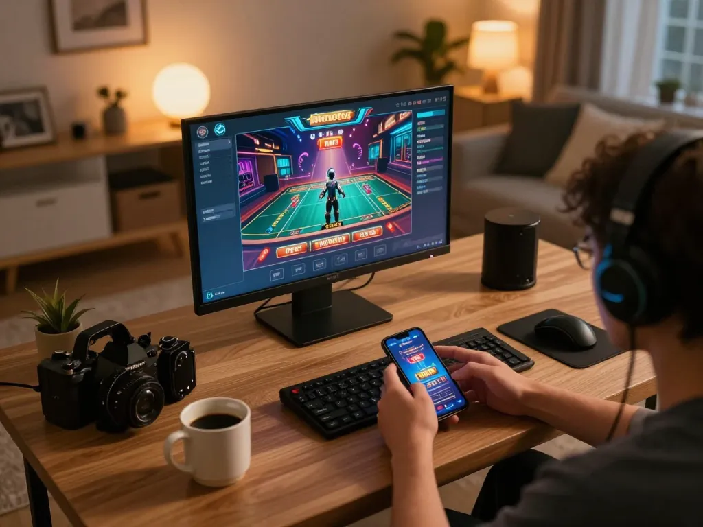 Player enjoying tr88 online gaming on smartphone with vibrant interface and cozy home setup