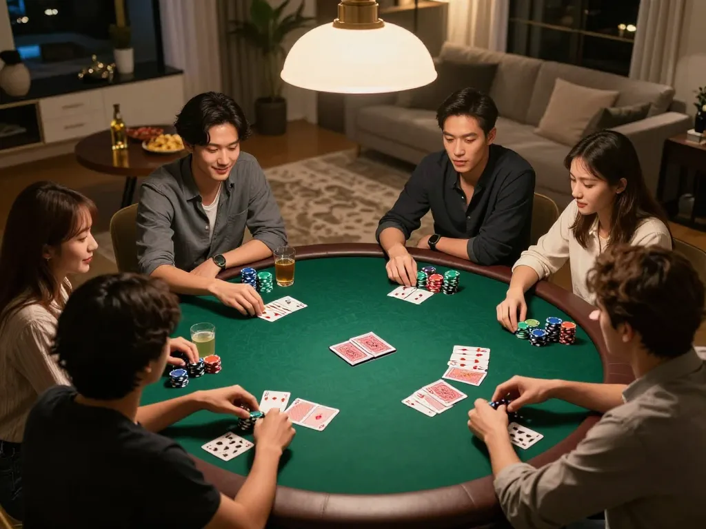 Friends engage in poker night while tracking bongdalu betting strategies in a cozy setting.