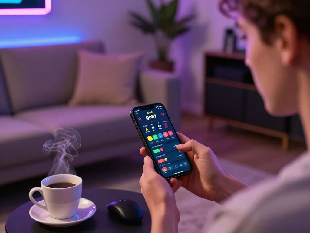 Player engaging with go89 on smartphone in modern gaming setup at home.