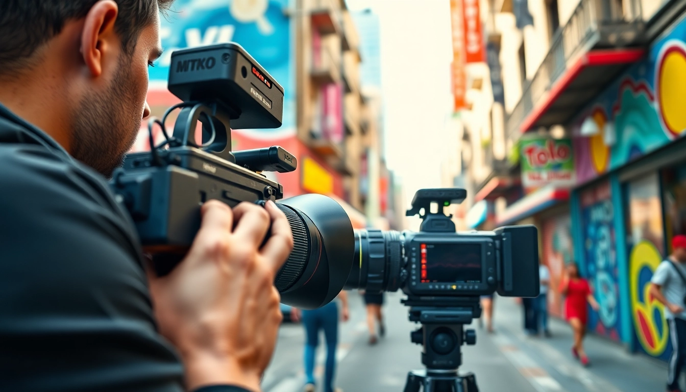 Videographer creating branded content in urban setting, highlighting creativity and energy.
