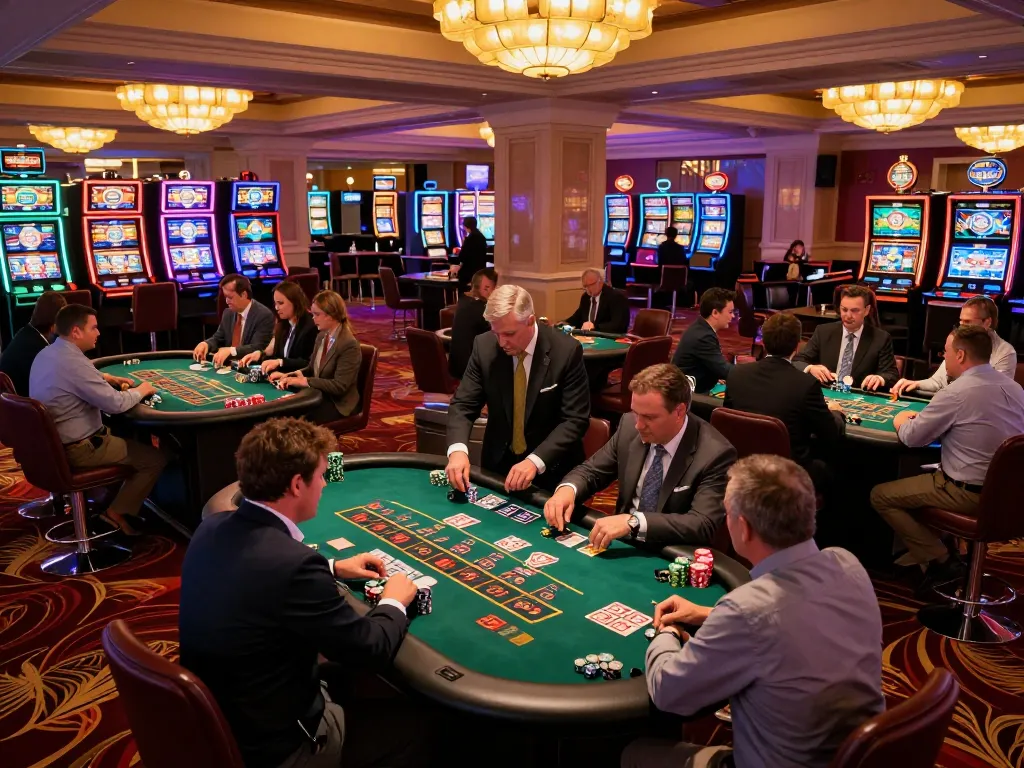 Players strategizing at the BL555 casino tables under vibrant neon lights