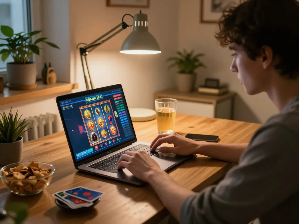 Orang yang bermain raja slot di laptop dalam suasana rumah yang nyaman, menunjukkan keterlibatan dalam permainan daring.