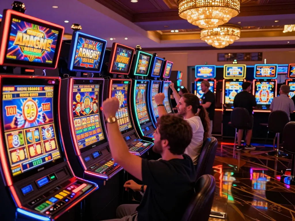 Players enjoying the excitement of SC88 slot machines with big wins and vibrant lights.