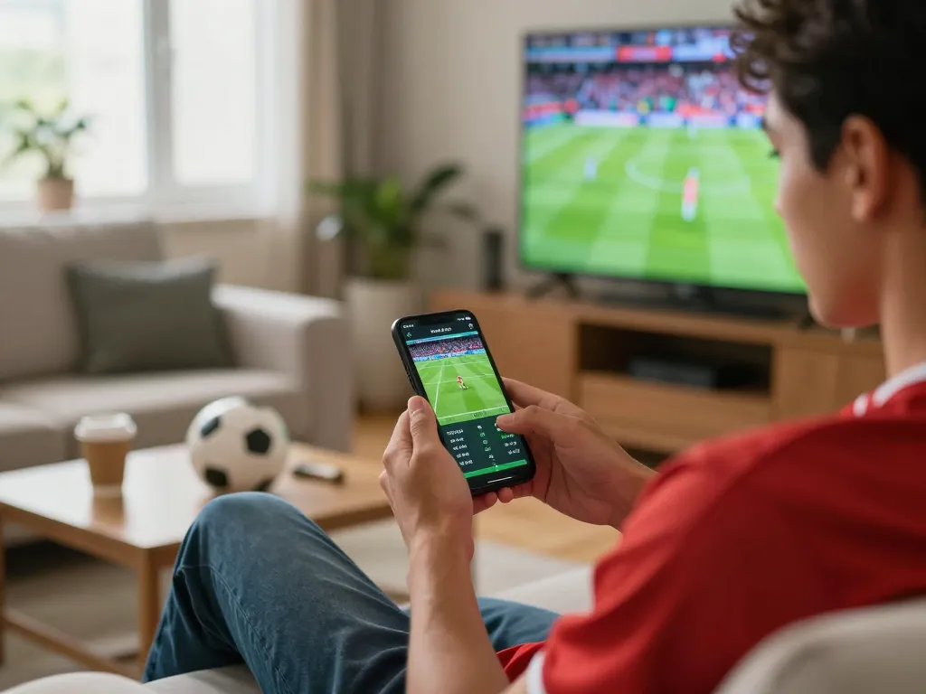 C168 player engaging actively with sports betting app on smartphone from a cozy living room.