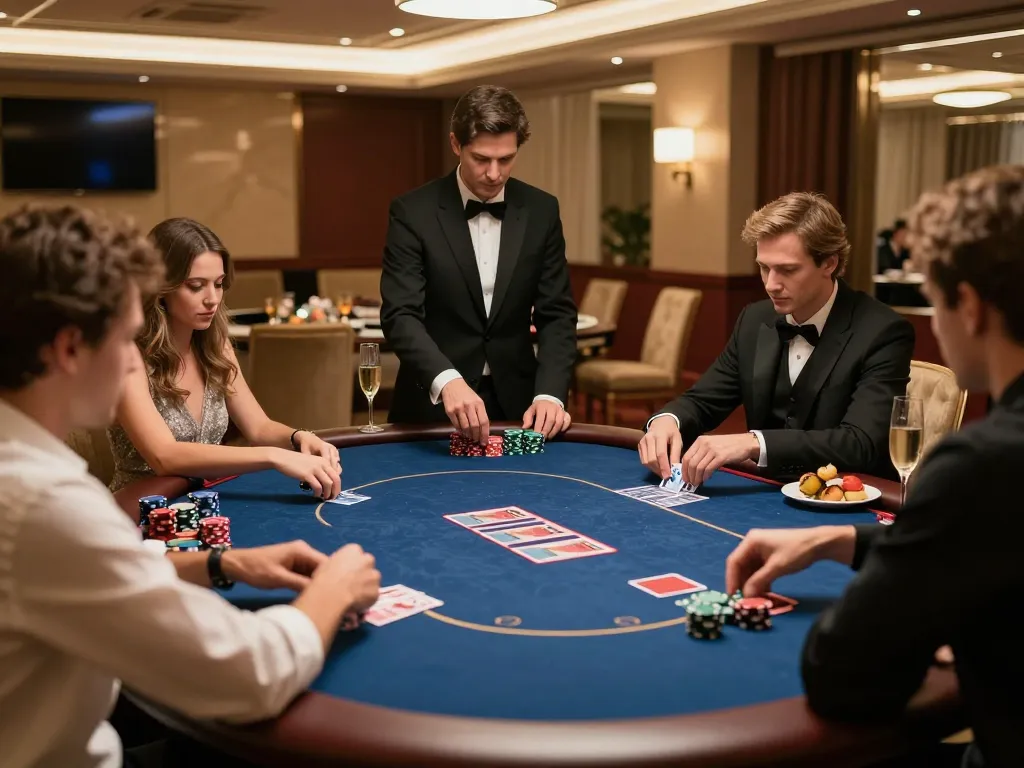 QQ88 players engaging in high-stakes poker game with elegant decor and attentive dealer.