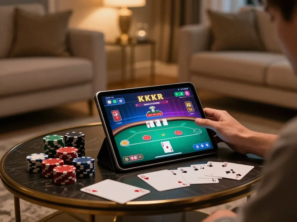 Player engaging in online poker from home while using a tablet, dacsandatphanrang gaming experience.