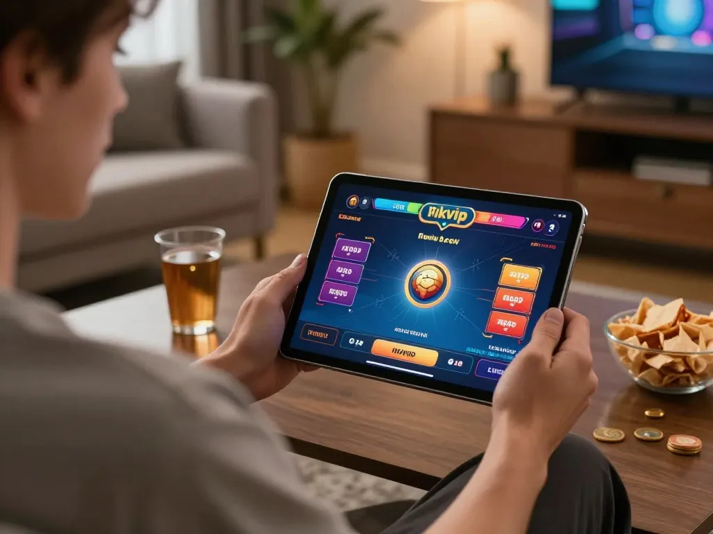 Player engaging in strategical gameplay on the rikvip online casino platform in a cozy home setting.