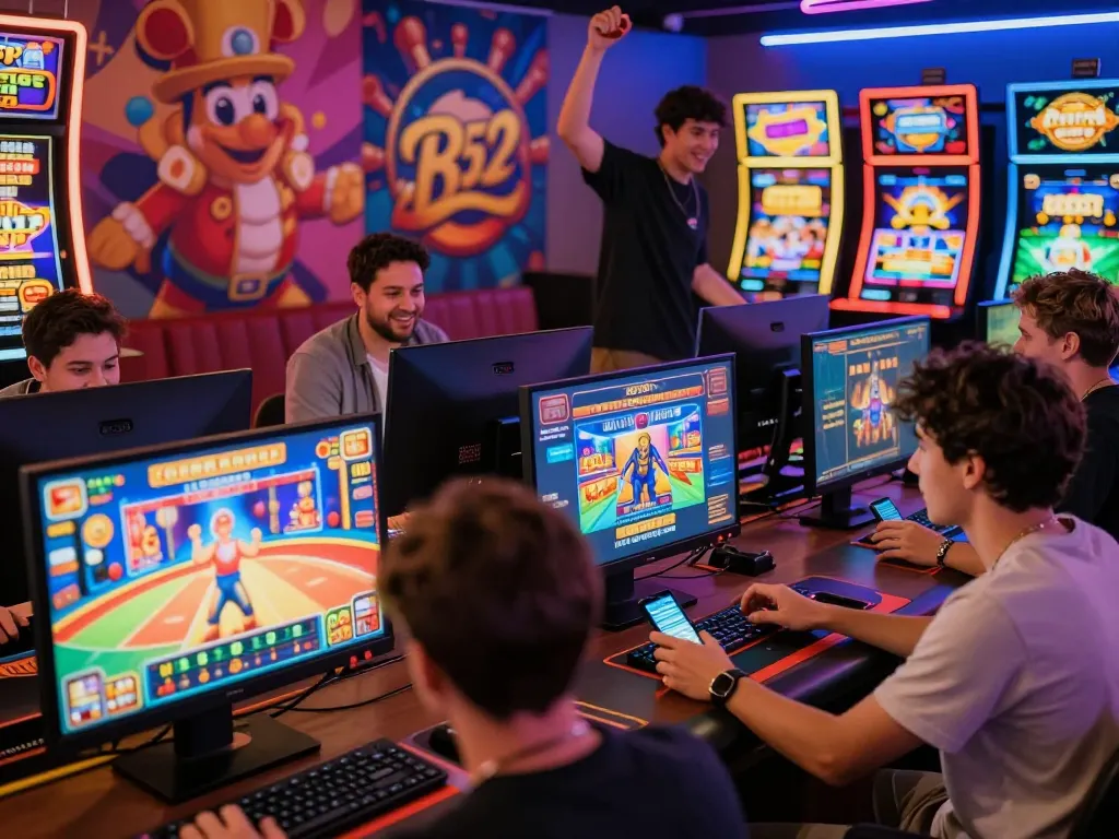 Players engaging in B52 online gaming with vivid visuals and exciting promotions in a lively digital community.