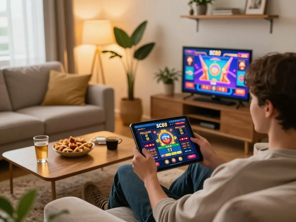 Engaging with SC88 online casino app on tablet in a cozy home setting.