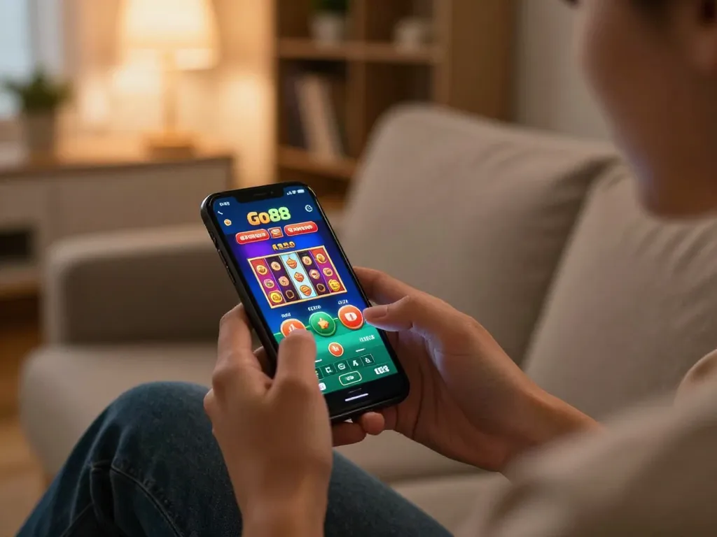Engaging gameplay at Go88 online casino, showcasing a player using a smartphone app in a cozy home setting