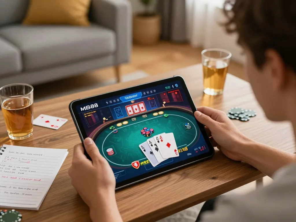 Engaged player enjoying online poker gameplay on MB88 tablet, cozy home setting with strategic notes present.