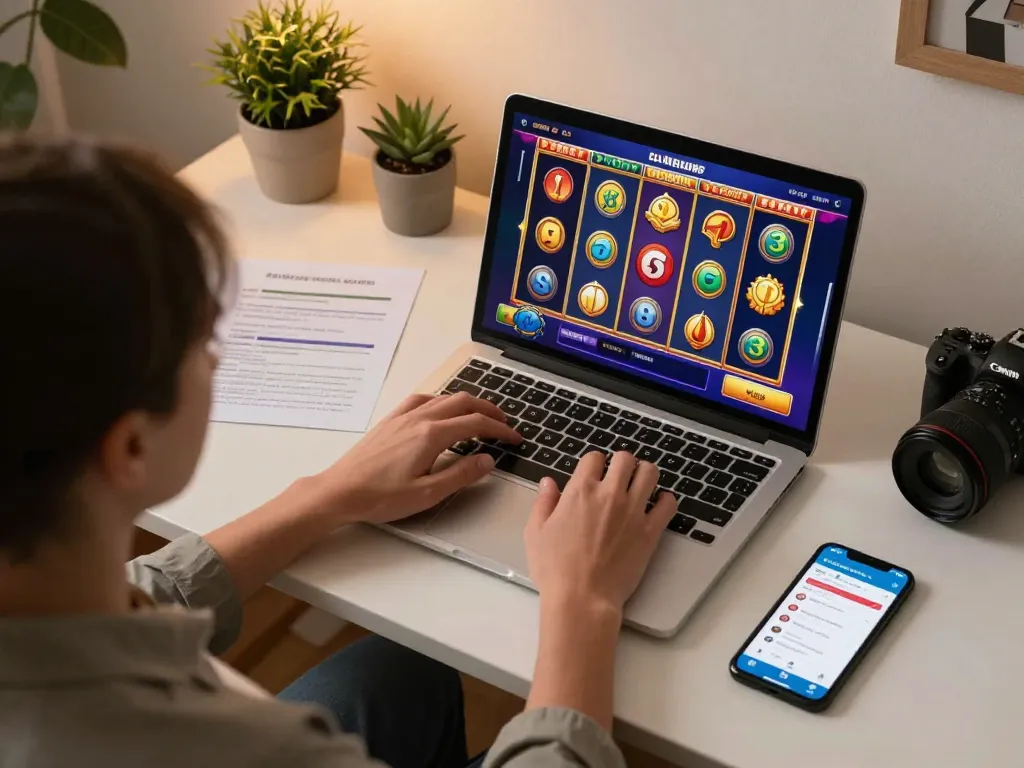 THABET player enjoying a lively online slot game during a home gaming session with notes and smartphone