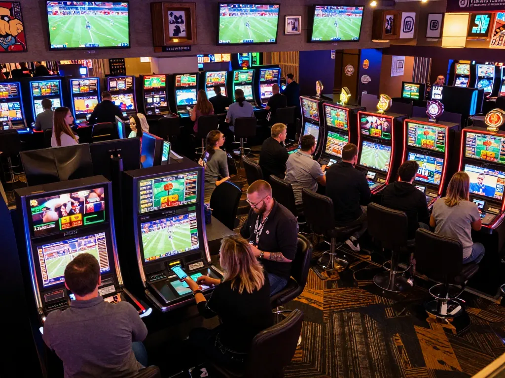 Bettors engaging with sports betting at bong88, analyzing odds and placing bets in an energetic casino environment.