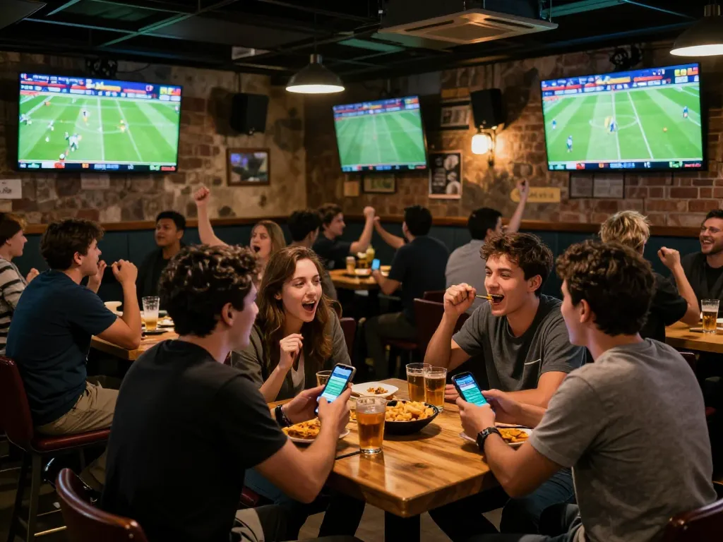 Fans engaging with the Nowgoal app while watching live sports, creating a lively betting atmosphere