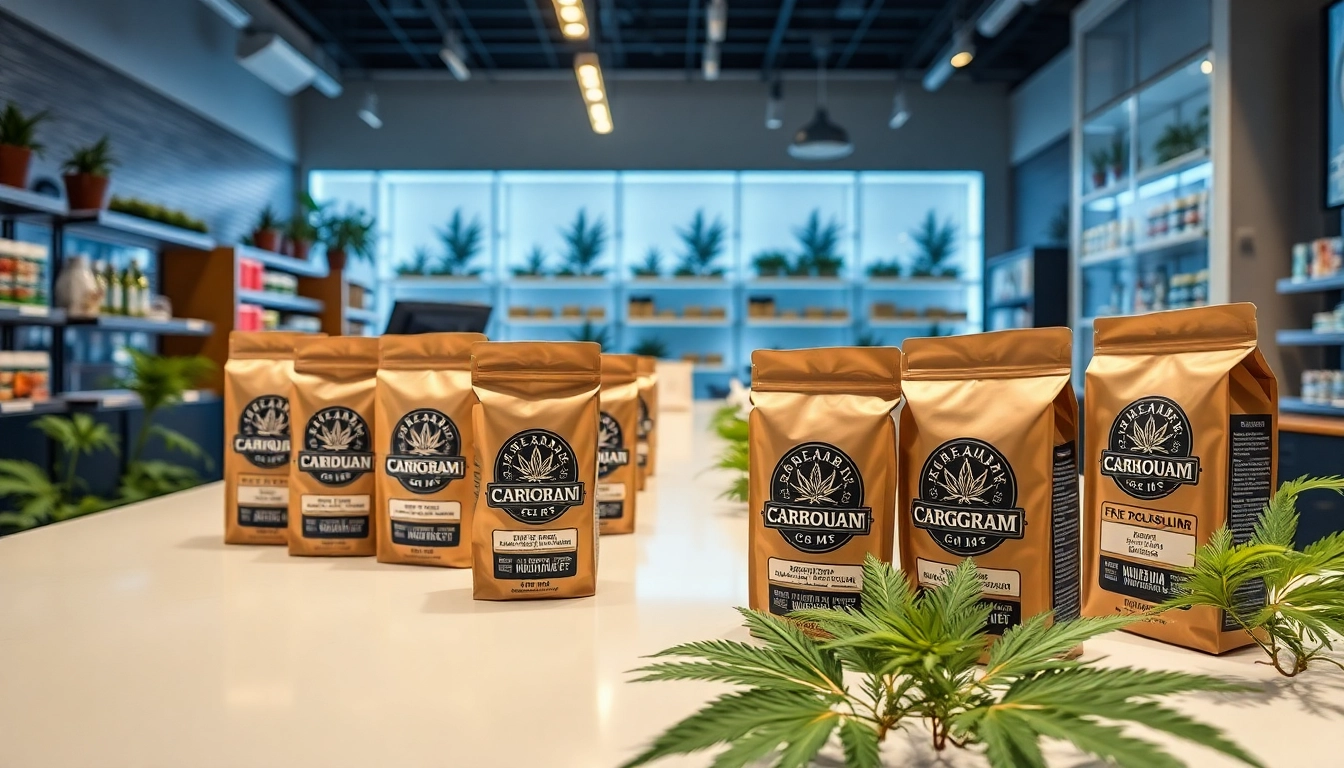 Buy marijuana online UK with an elegant display of cannabis products in a bright shop setting.
