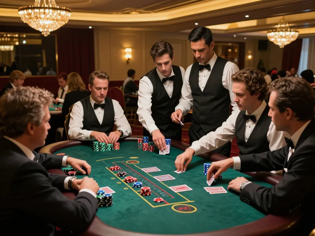 Players engaging in a high-stakes blackjack game at a 7M casino, highlighting intense gameplay and luxurious atmosphere