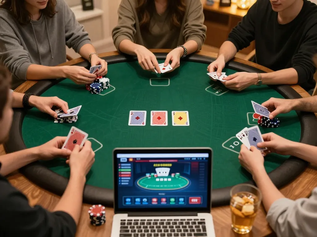 Play poker online with EV99 in a cozy home atmosphere, showcasing friendly gameplay and snacks.