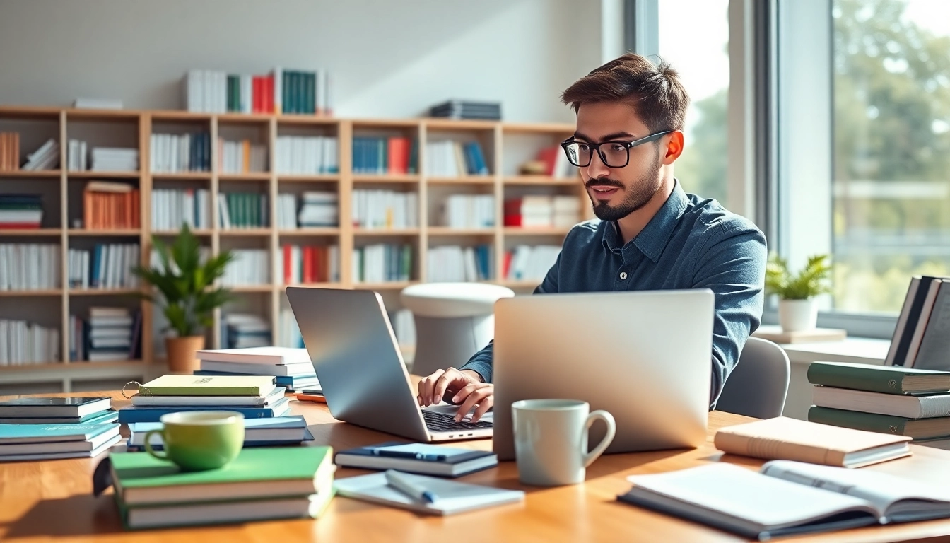 Online exams help student study effectively in a bright and organized workspace.