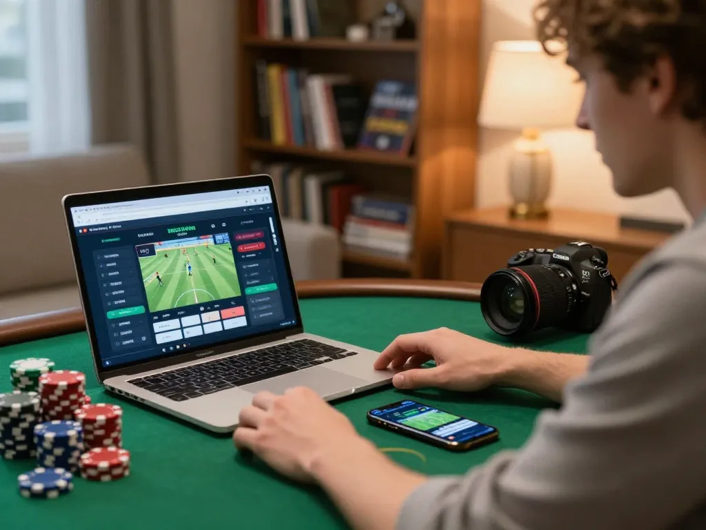 Player enjoying 789win online betting from home with chips and smartphone.