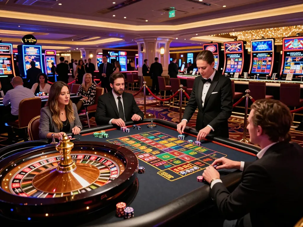Players engaging at a roulette table in a lively casino atmosphere, excitement builds as sc8885 chips are placed on bets.