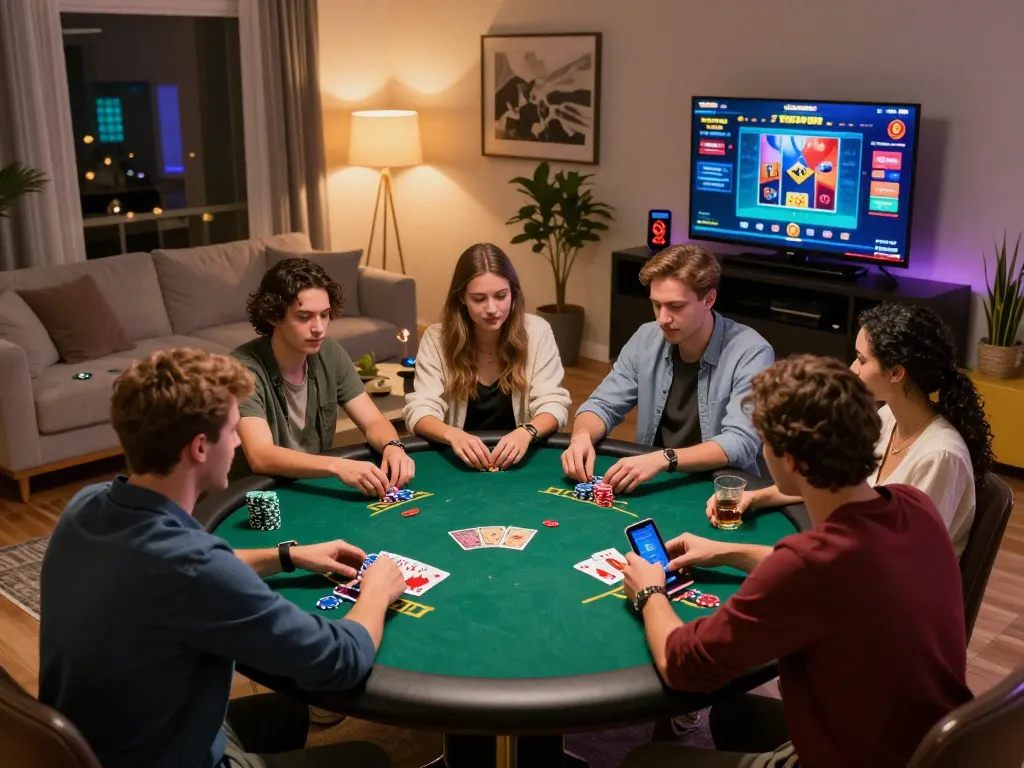 Players engaging with 789win mobile app while enjoying poker night at home, showcasing friendly competition and social gaming.