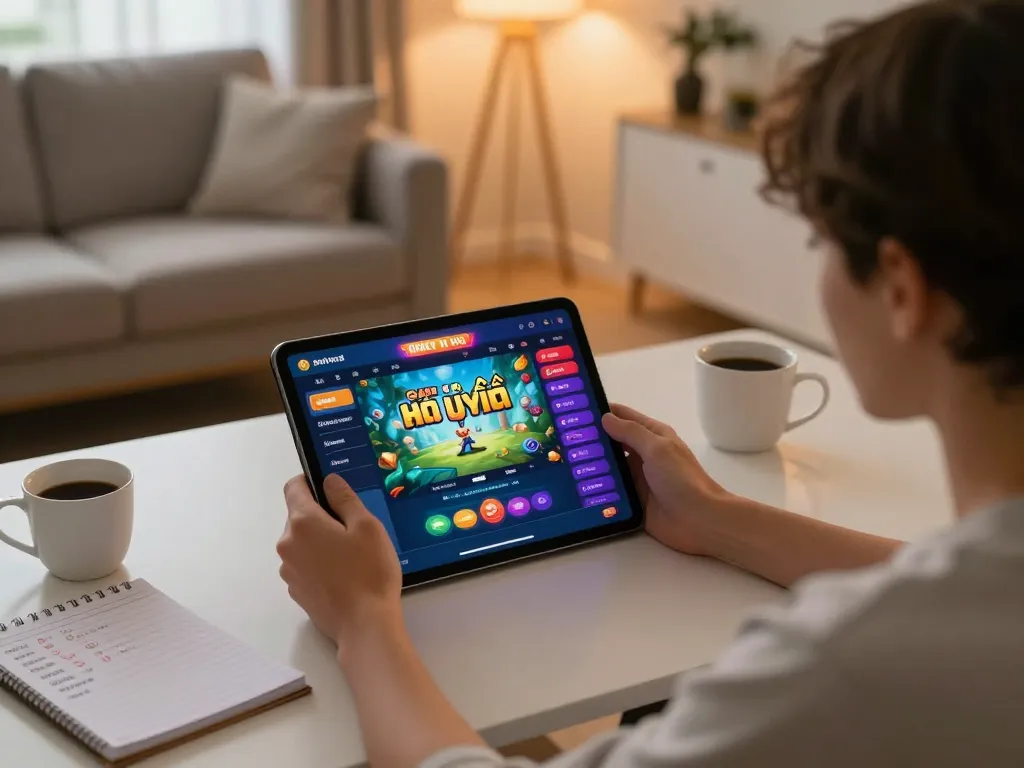 Engaging with the Game nổ hũ uy tín app on a tablet in a cozy home gaming setup, showcasing strategic gambling.