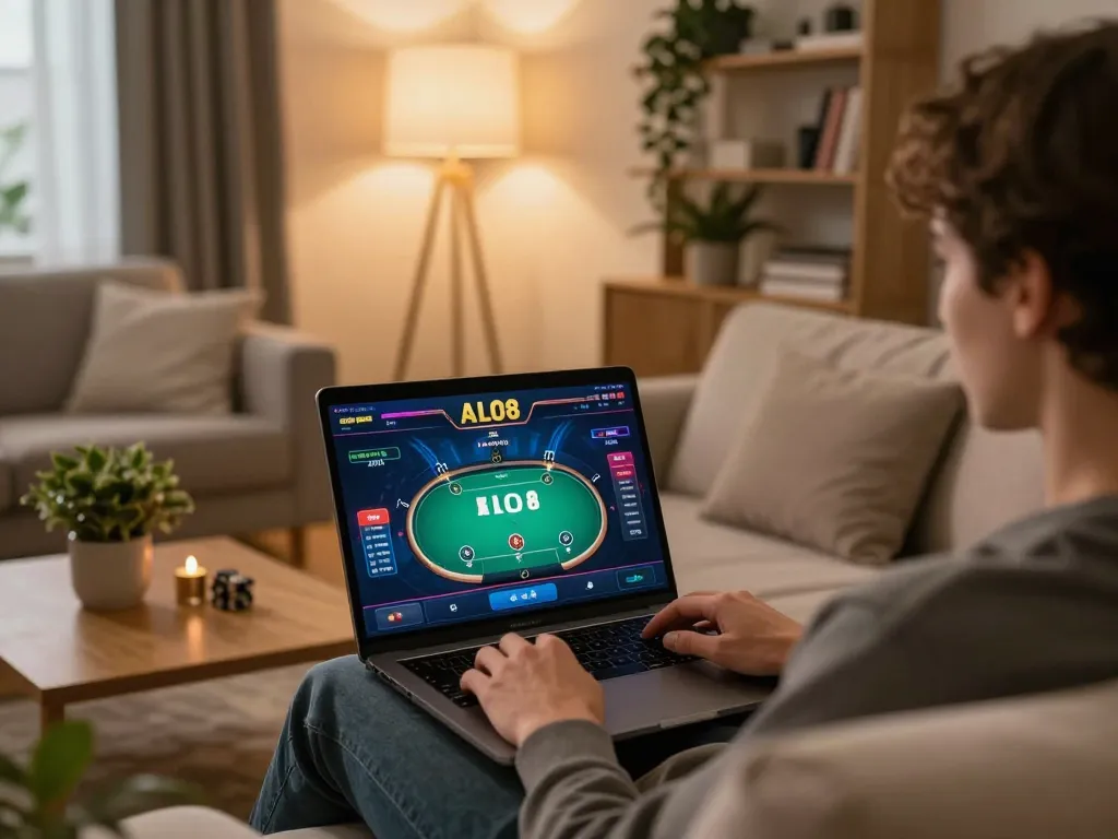 Player enjoying the ALO8 online poker game from their cozy living room setup