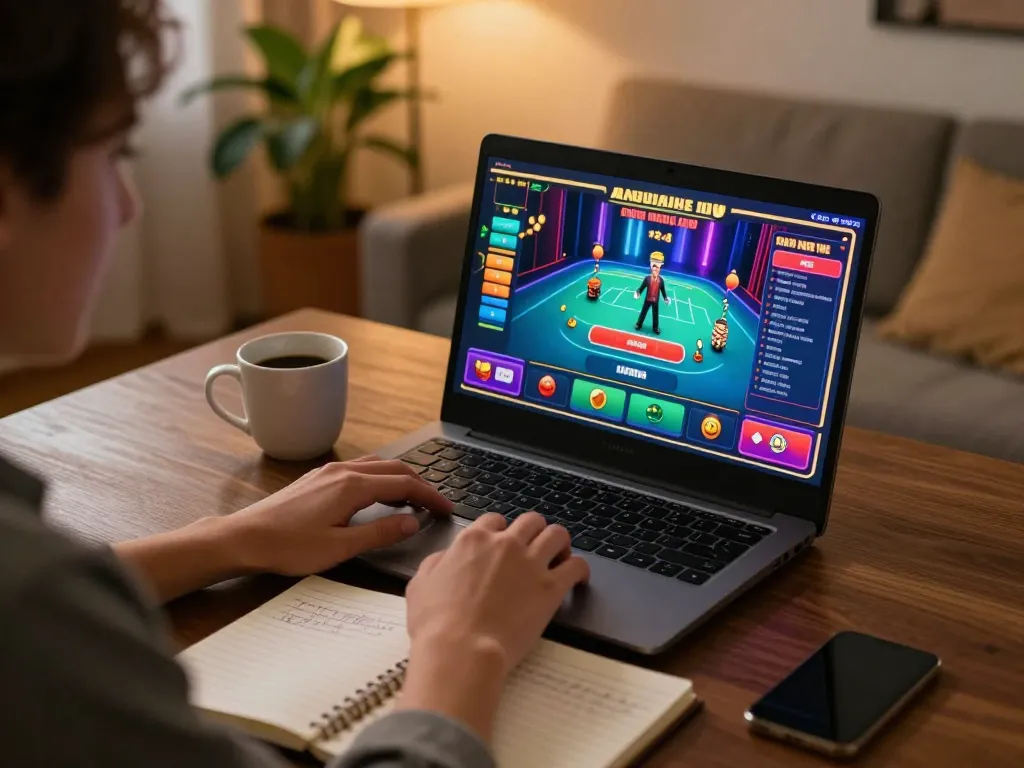 Engaged player on laptop enjoying 123b online casino games with strategic notes nearby.