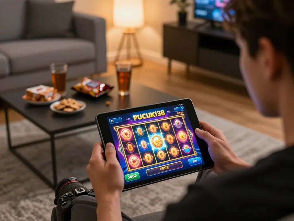 Player engaging with PUCUK138 casino app in a cozy home setup, enjoying slot gaming on tablet