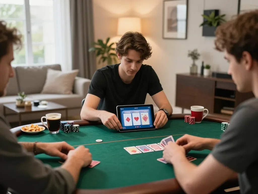 Engaging player enjoying a rikvip online poker game at home with tablet and snacks.