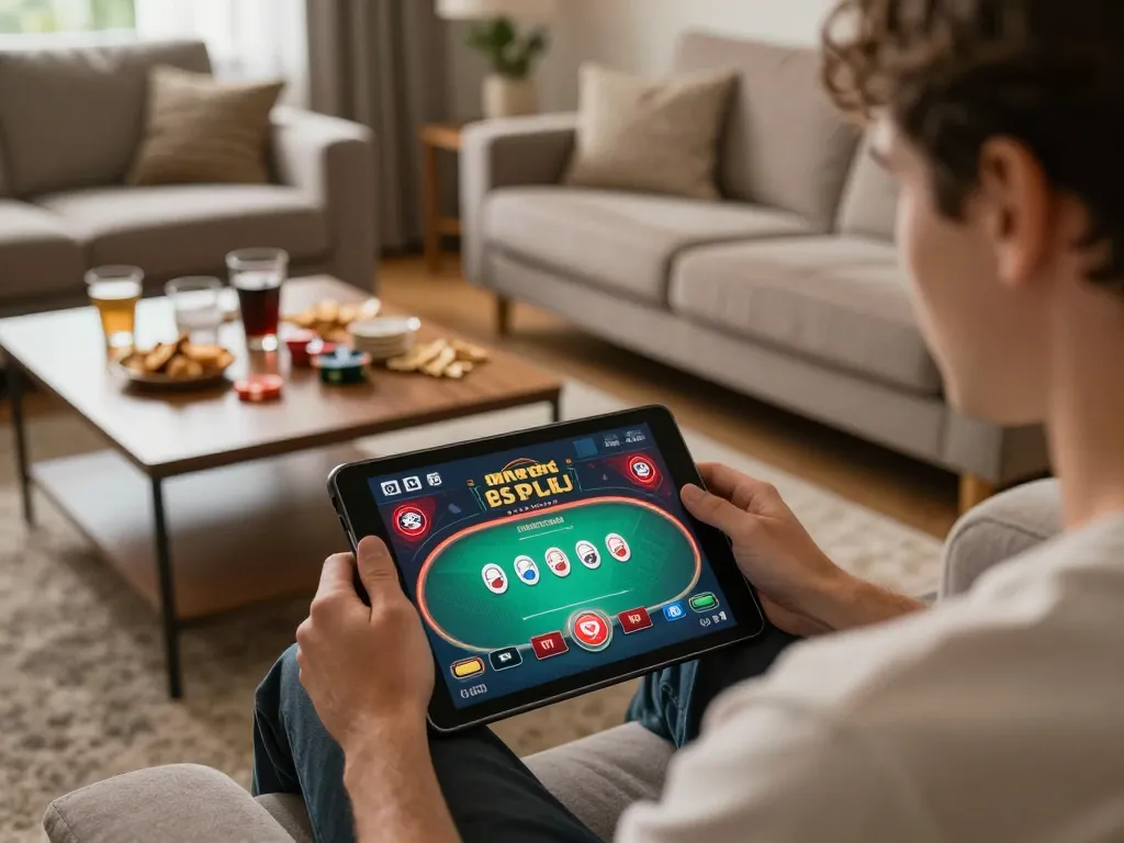 TR88 player enjoying poker strategy on a tablet in a cozy living room, showcasing online gaming.