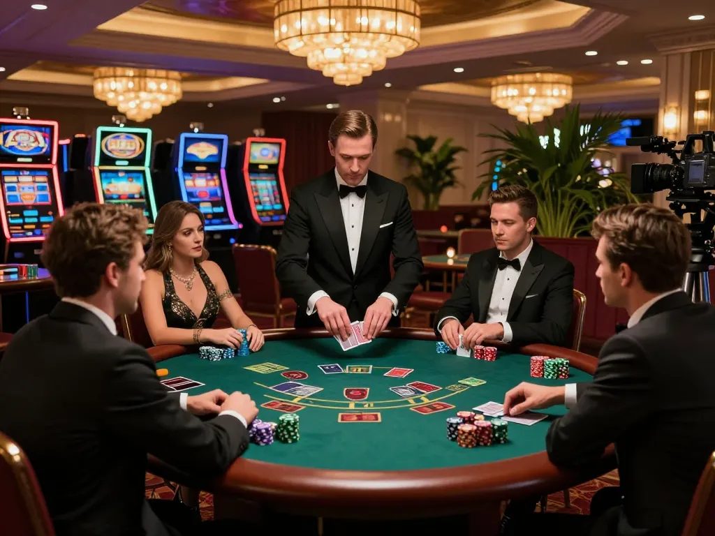Players strategizing in a high-stakes blackjack game at jmb88 casino, with vibrant ambiance and intense focus.