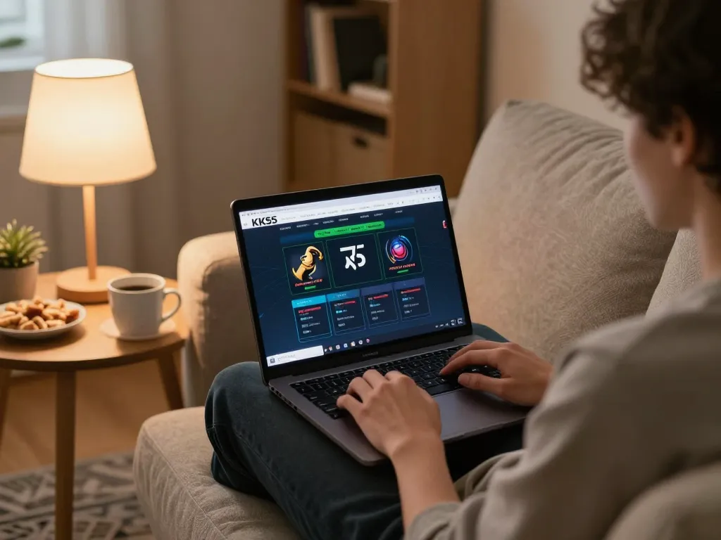 Player using KK55 app for online gambling in a cozy home setup with snacks and warm lighting
