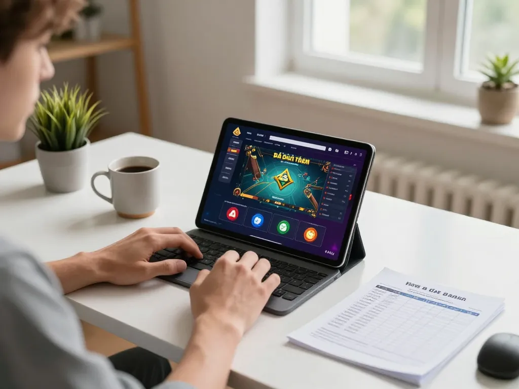 Engaging in game bài đổi thưởng strategy on a tablet at home, showcasing modern gaming experience