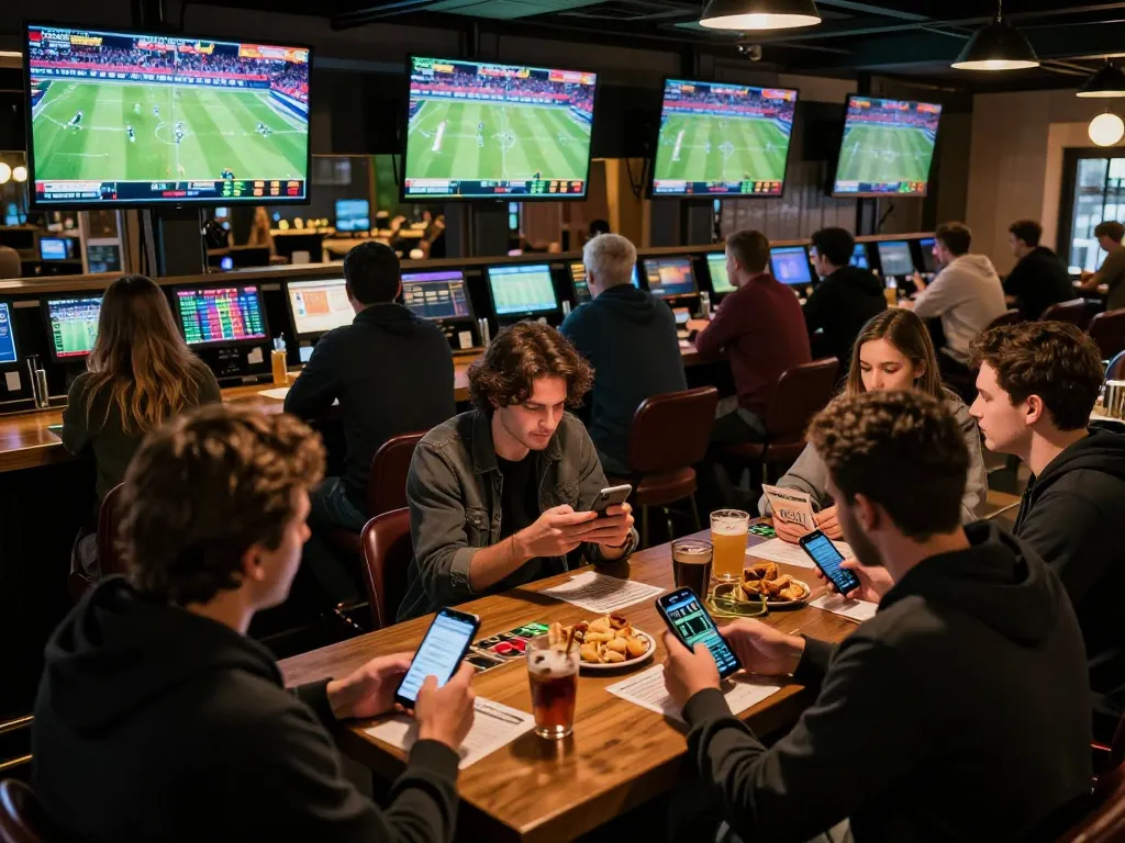 Kèo nhà cái in action as friends engage in sports betting discussion, screens showcase live events