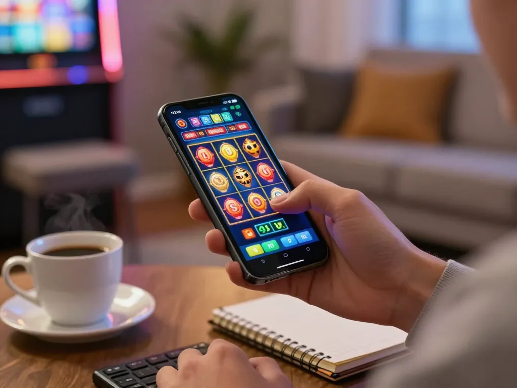 Engaging moment with 8day mobile casino app showing excitement of spinning the slot reels.