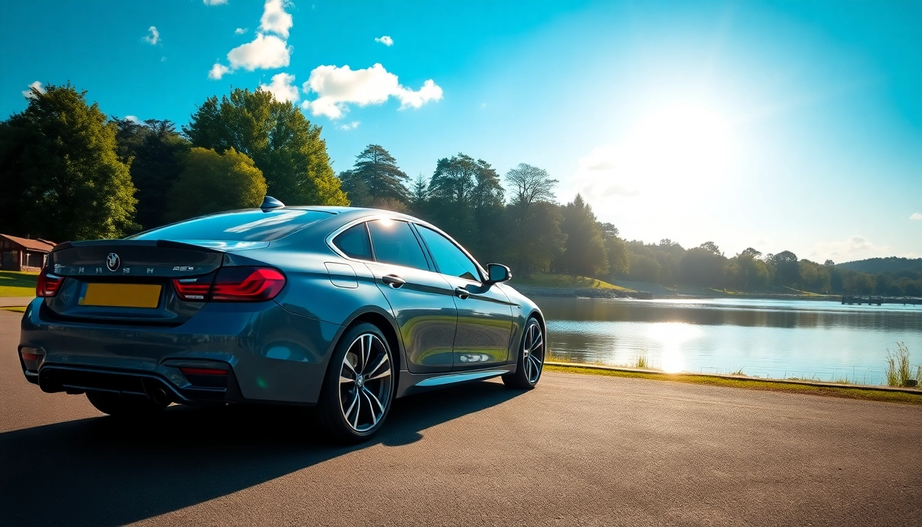 Luxury car highlighted in Virginia Water's scenic landscape with lush greenery.