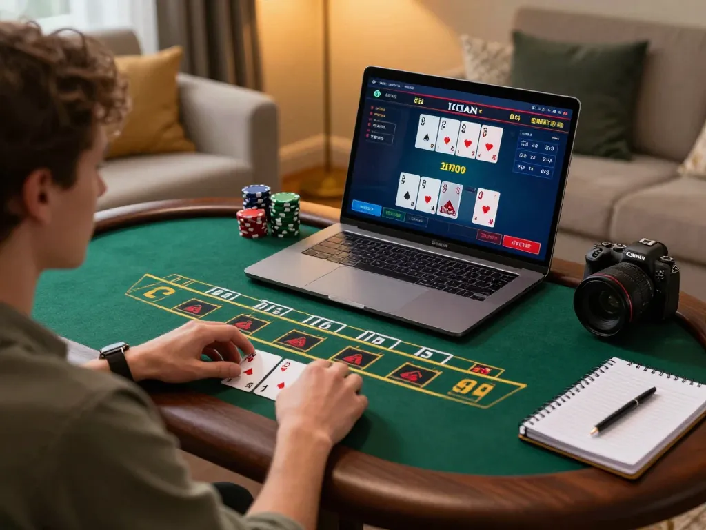 Enjoying a strategic online blackjack game at home, c168 interface visible, showcasing user-focused gaming.