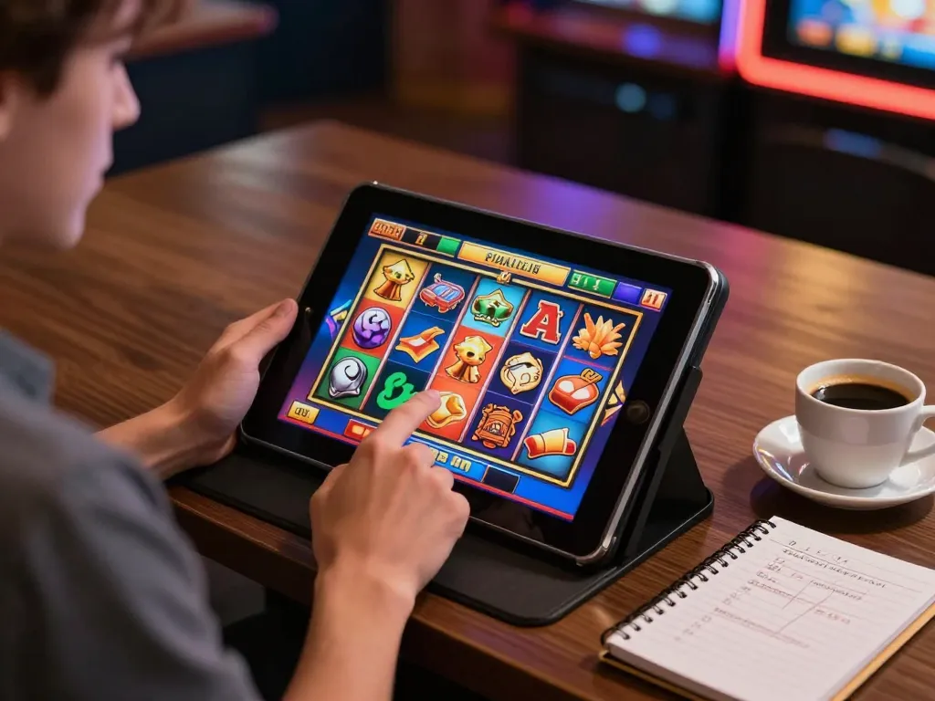 Player engaging with LLwin slot machine app in a cozy home setting, showcasing strategic gaming.