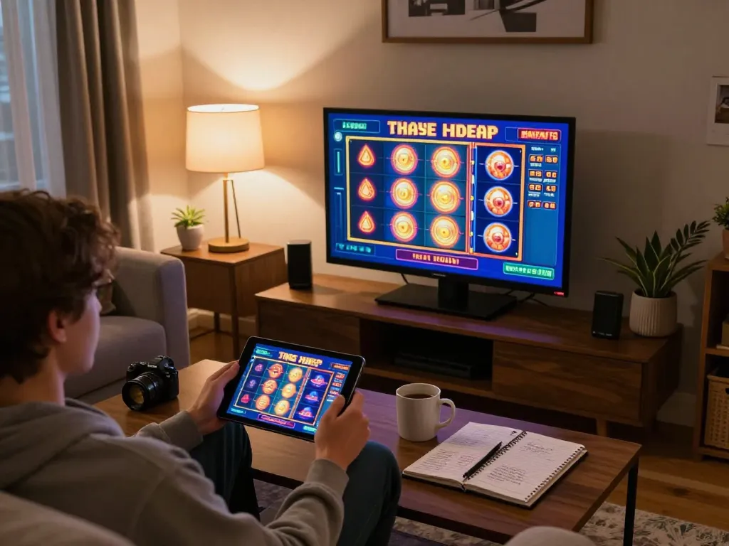 Engaged in online gaming with 789WIN, a player spins slots on a tablet in a cozy living room.