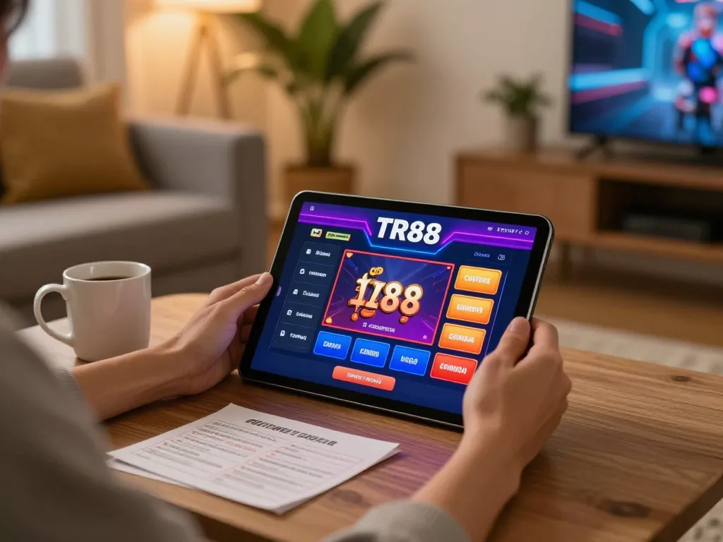 Engaging in TR88 online casino gaming setup, showcasing a cozy atmosphere and strategic betting.
