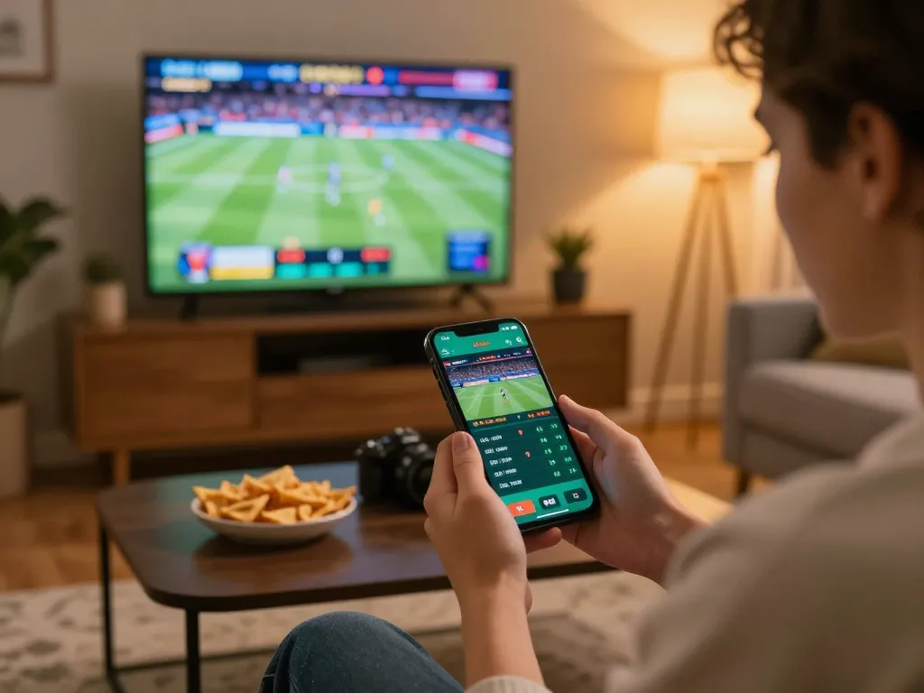 Player engaging with bong88 betting app on smartphone in a cozy living room setting.