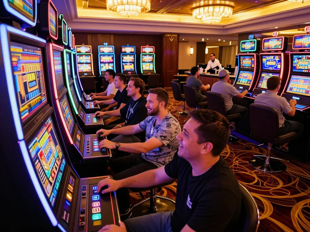 Kubet players enjoying vibrant slot machines in a lively casino atmosphere.