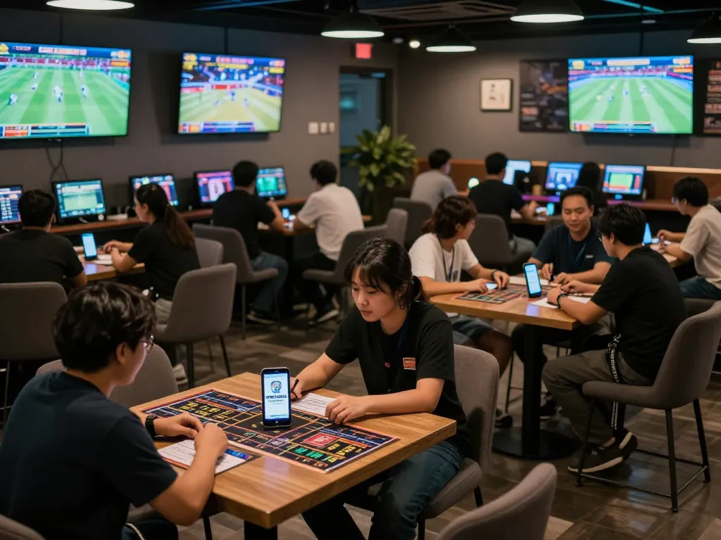 Sports bettors engaging with soi keo nha cai in a lively lounge, focusing on screens and placing bets.