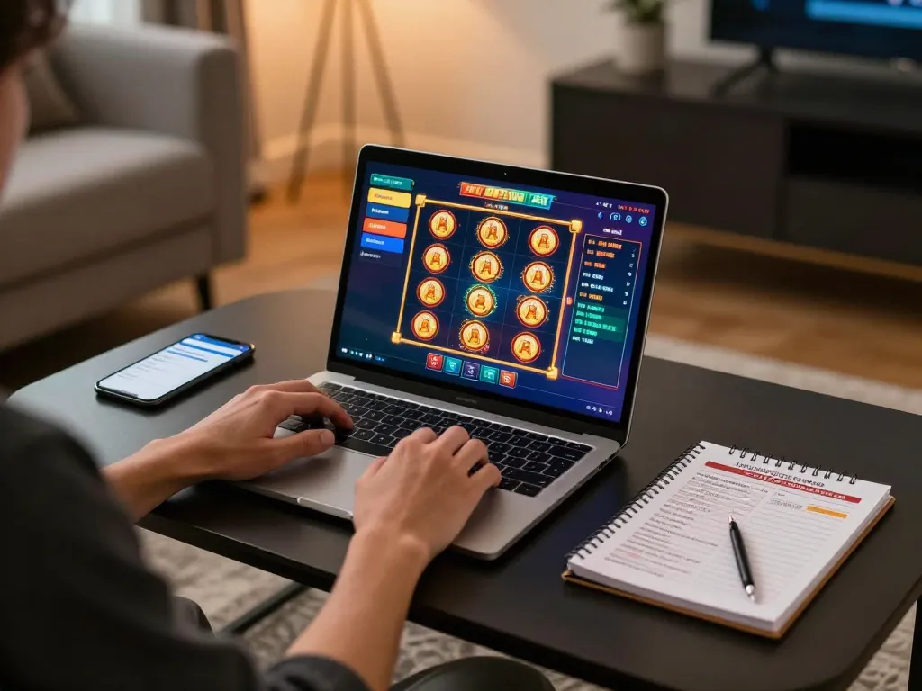 Engaging in online gaming at g28 com with a vibrant slot game displayed on a laptop