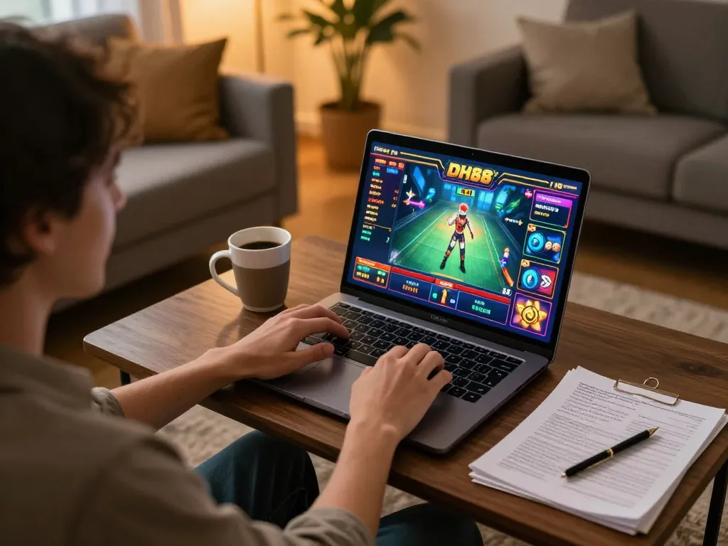 Engaging player enjoying DH88 online casino games in a cozy living room.